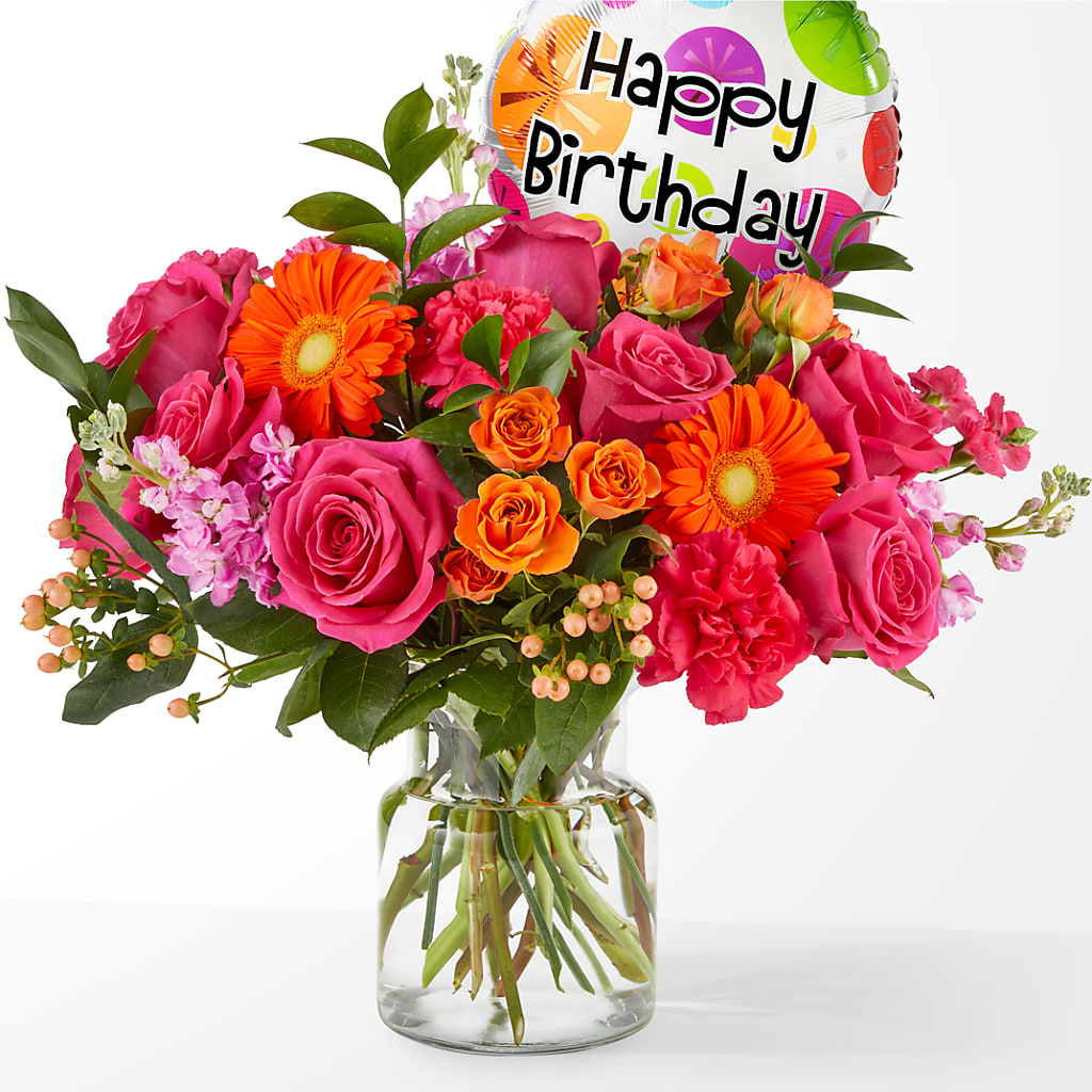 Fiesta Bouquet with Birthday Balloon – Alum Rock Florist, San Jose CA