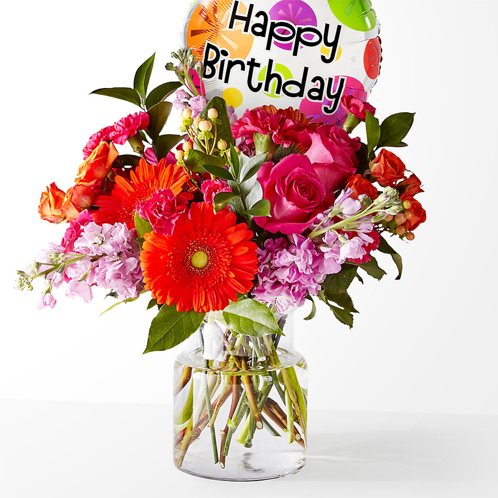 Fiesta Bouquet with Birthday Balloon – Alum Rock Florist, San Jose CA