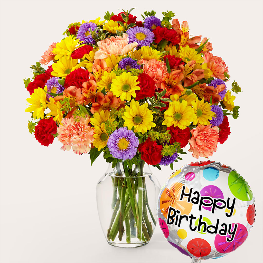 Kaleidoscope Bouquet with Birthday Balloon – Alum Rock Florist, San Jose CA