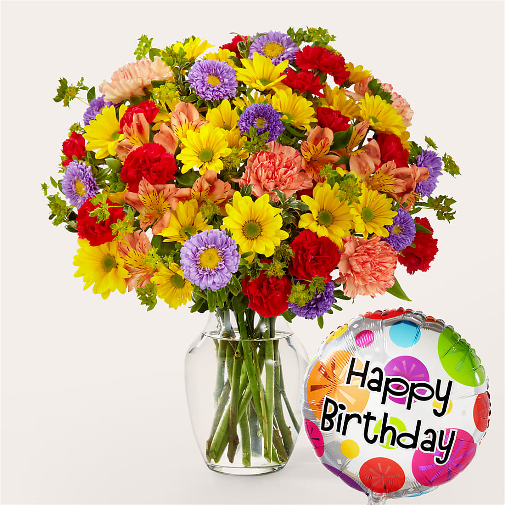 Kaleidoscope Bouquet with Birthday Balloon – Alum Rock Florist, San Jose CA