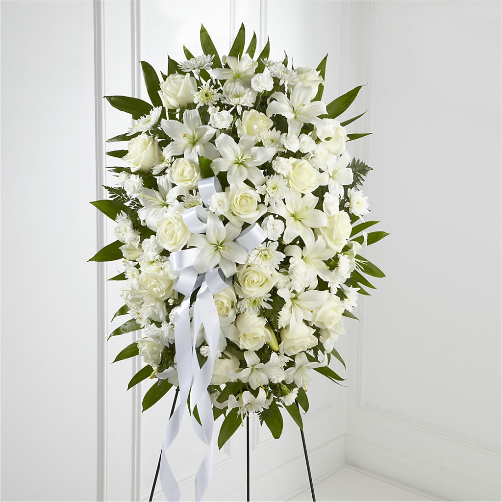 Exquisite Tribute Standing Spray-White Ribbon – Alum Rock Florist, San Jose CA
