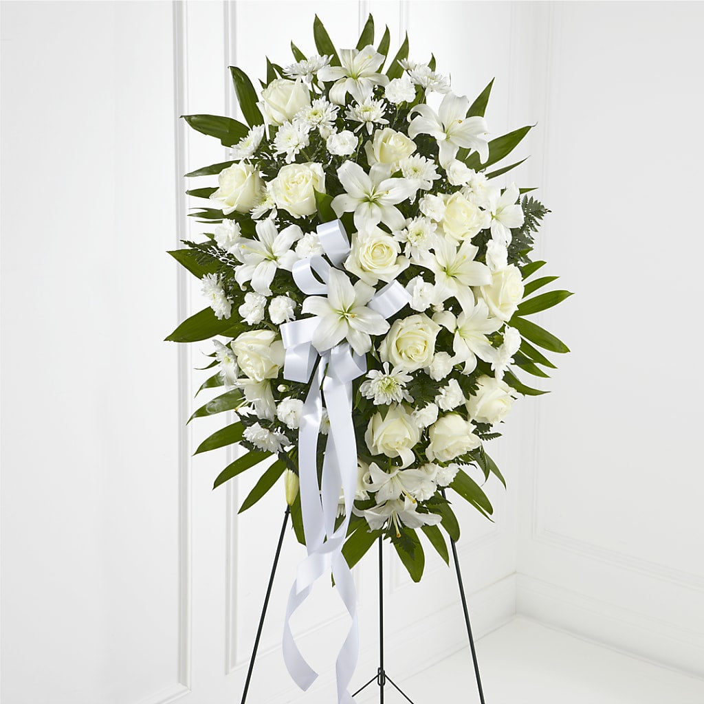Exquisite Tribute Standing Spray-White Ribbon – Alum Rock Florist, San Jose CA