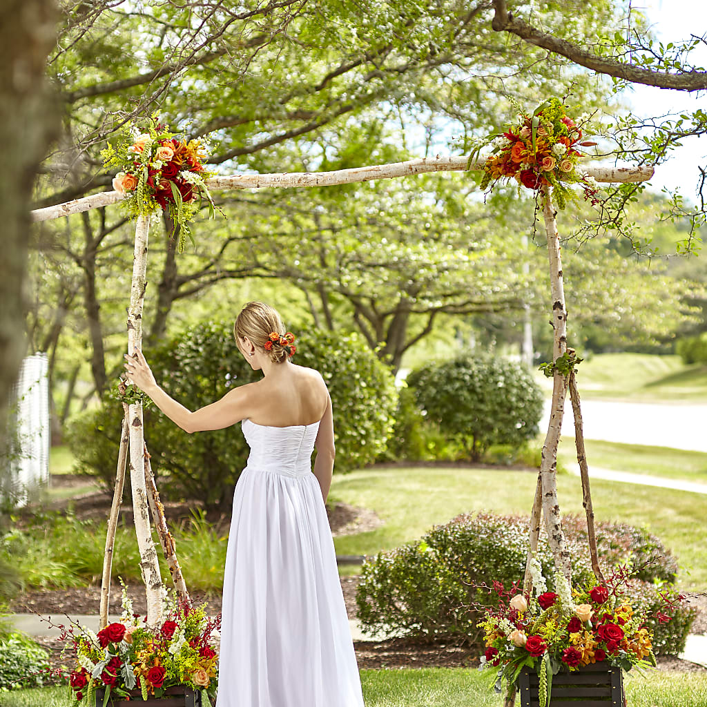 Arbor of Love Archway – burgundy, orange, peach, red flower arrangement | San  Jose, CA